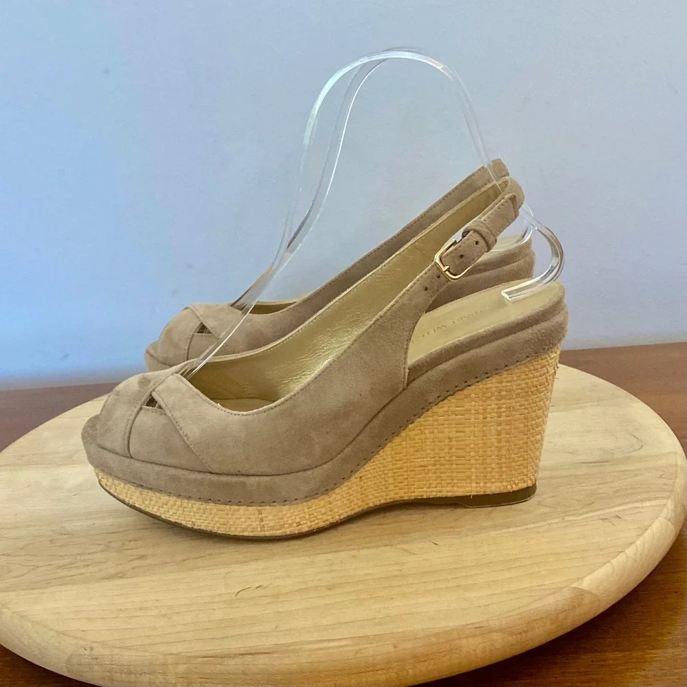 Stuart Weitzman Jean Taupe Suede Slingback Wedge Sandals Womens Sz 6 M Platform